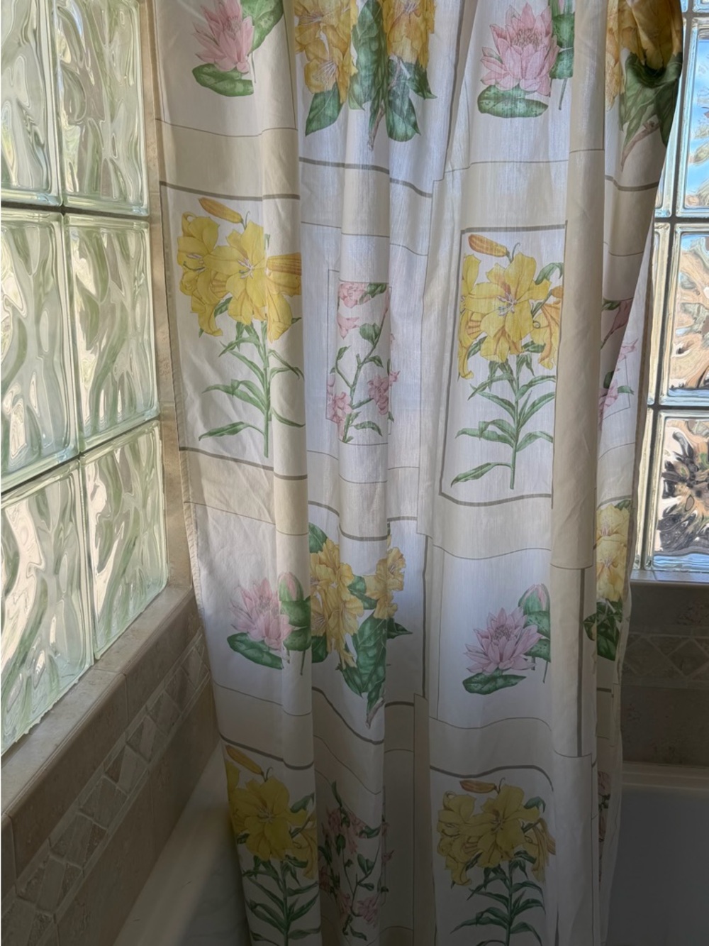 Floral Shower Curtain with Yellow & Pink Blooms